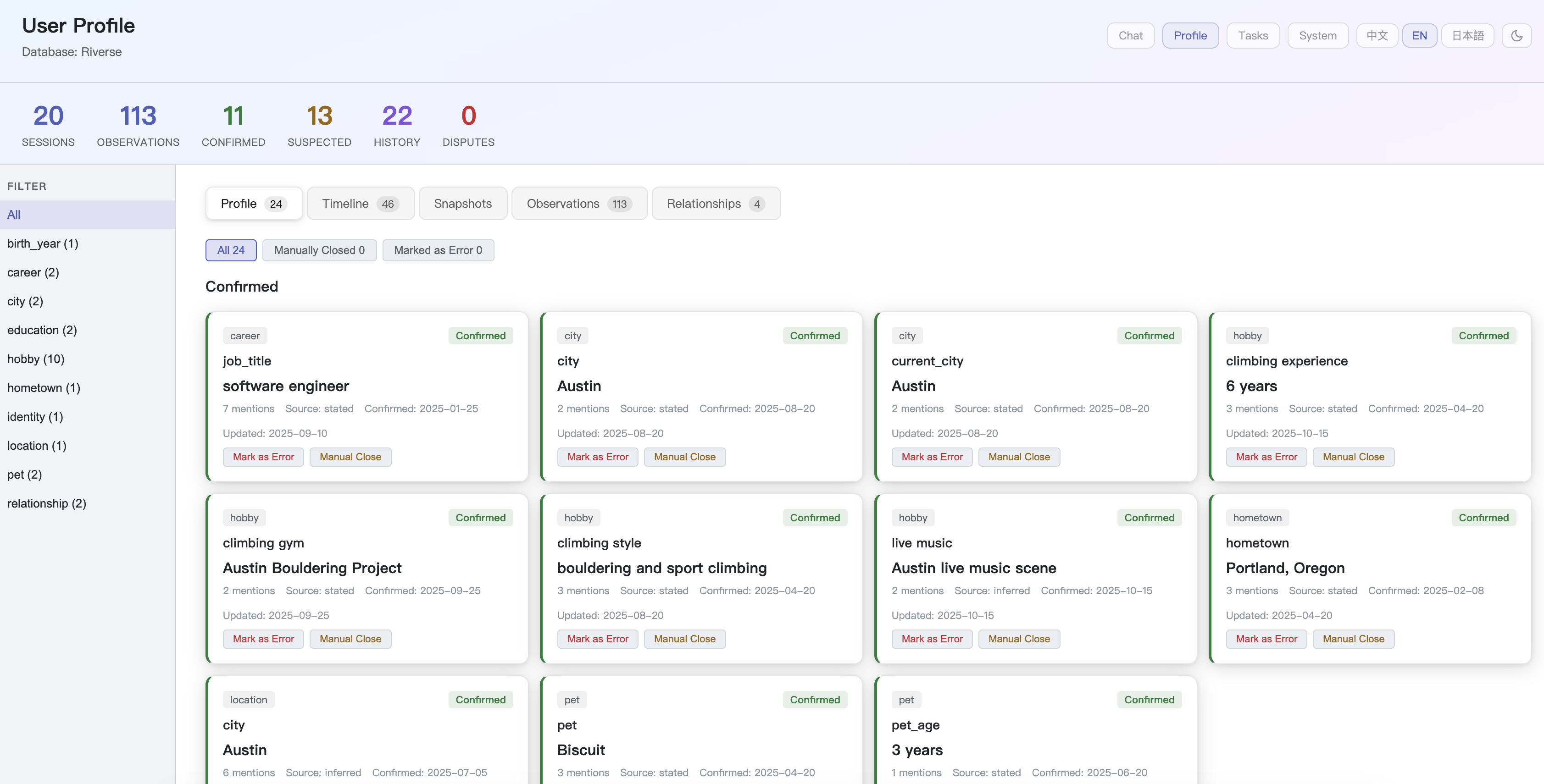Profile view — confirmed and suspected facts extracted from conversations