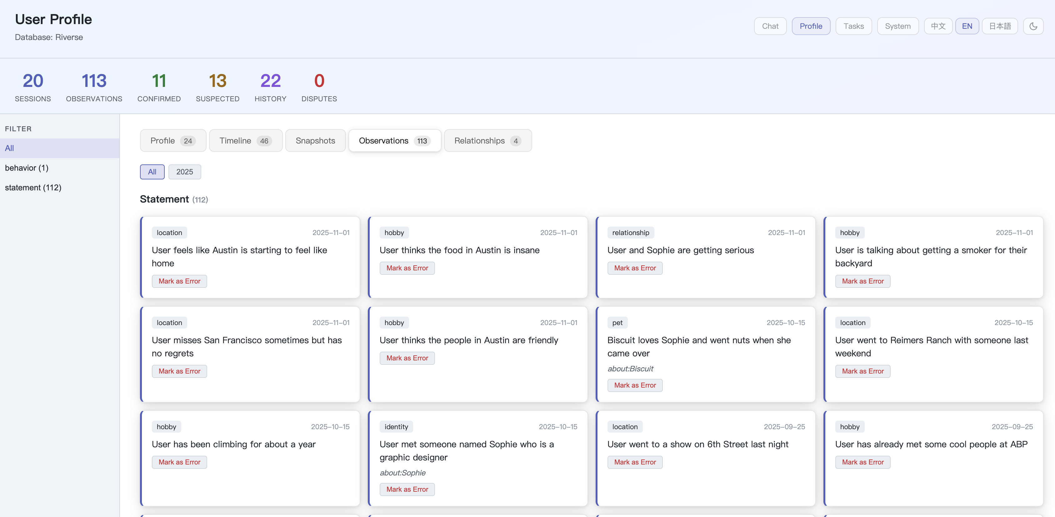 Observations view — raw statements extracted from conversations