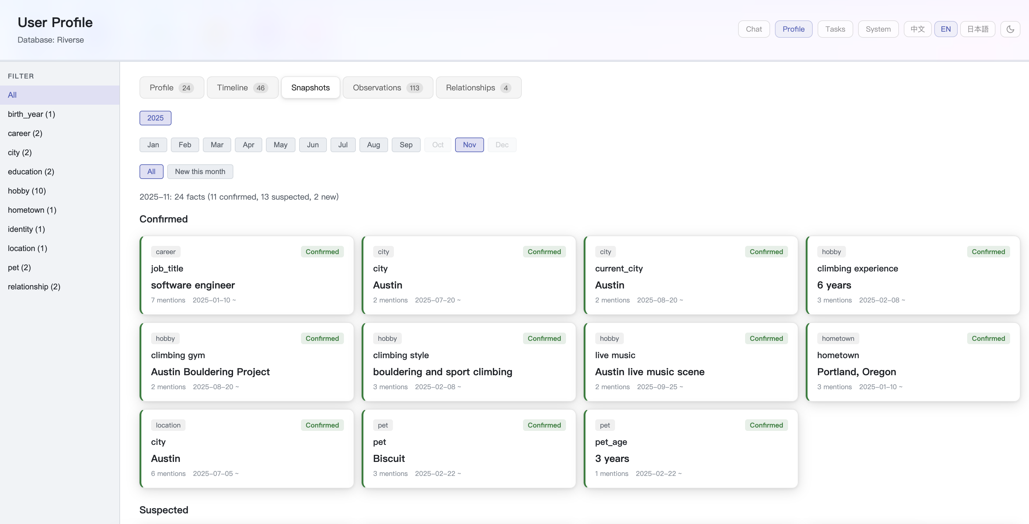 Snapshots view — profile state at each point in time