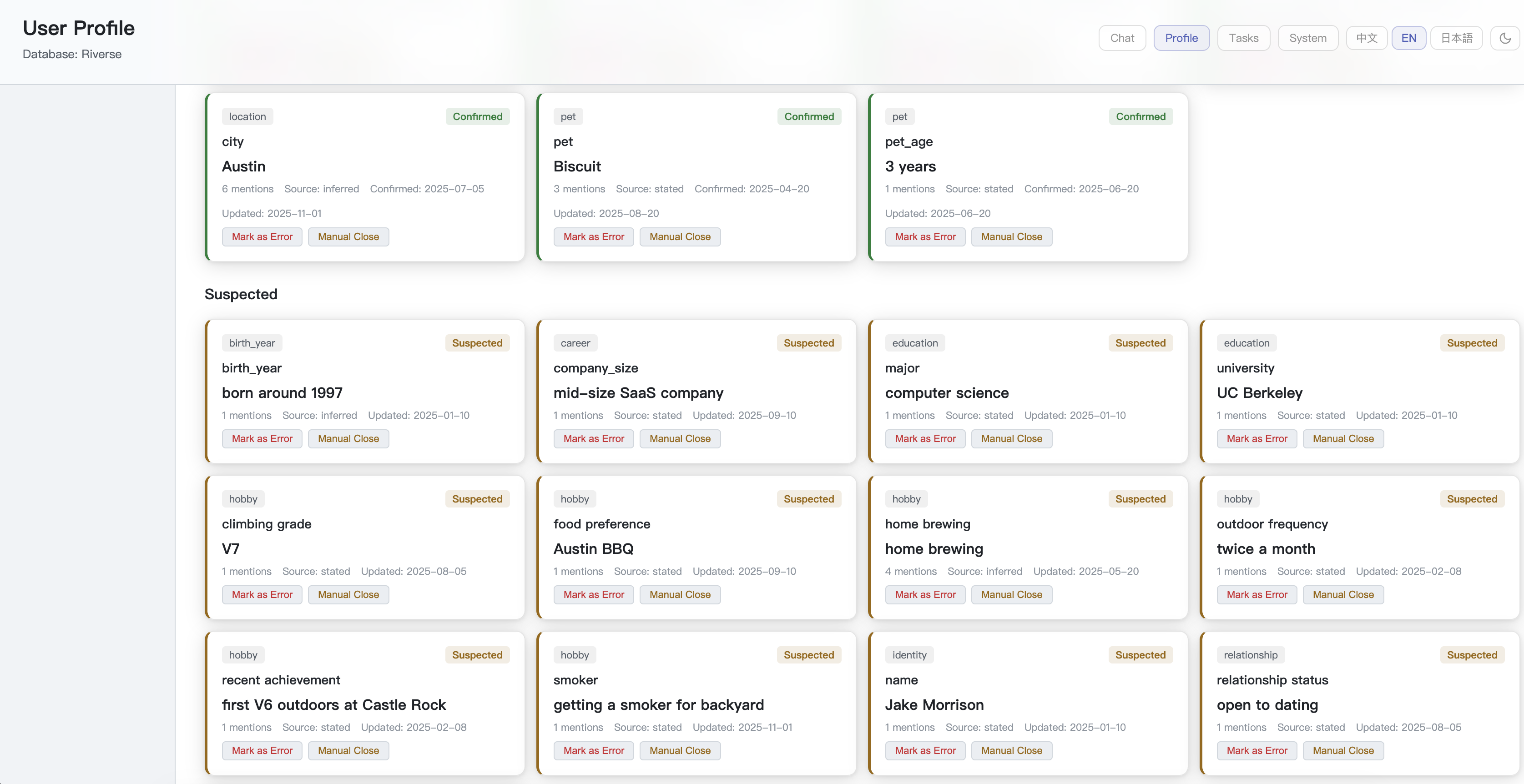 Profile view — suspected facts pending verification